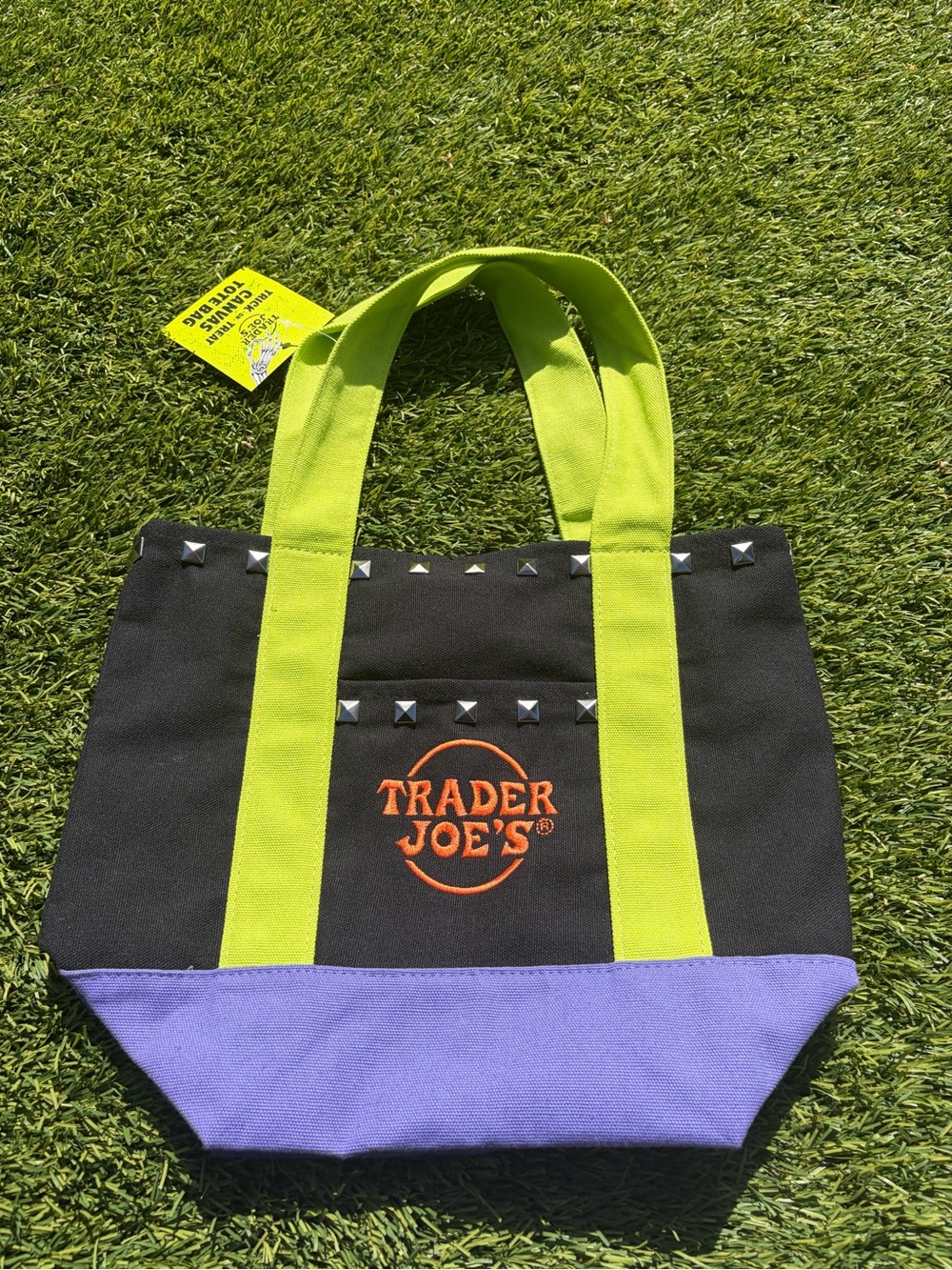Trader Joe's Black Canvas Tote with Lime Handles and Lavender Base